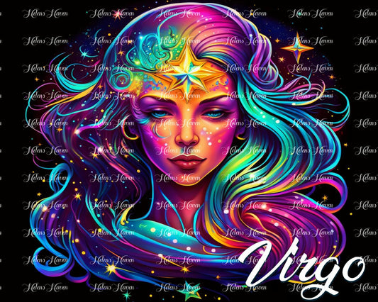 Delicate fronds of hair surround this Virgo goddess with a sea of stars in teal, purple and gold