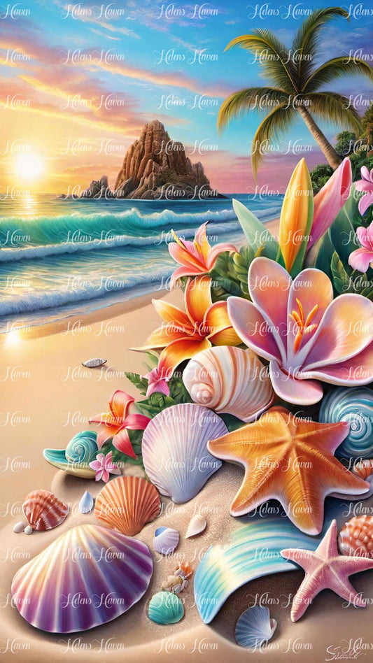 Tropical beach with shells and flowers at sunset