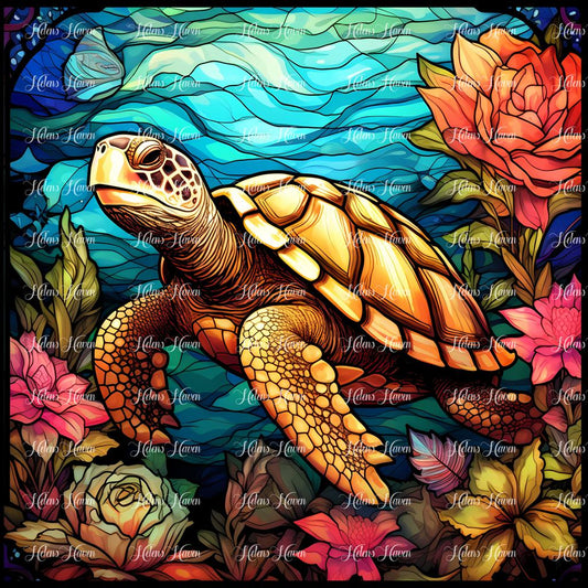 Stained Glass turtle floats above a coral reef