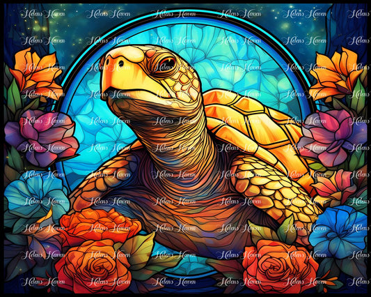 Stained Glass turtle surrounded by flowers