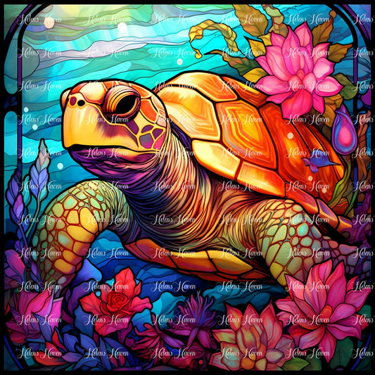 Stained Glass turtle with beautiful pink flowers