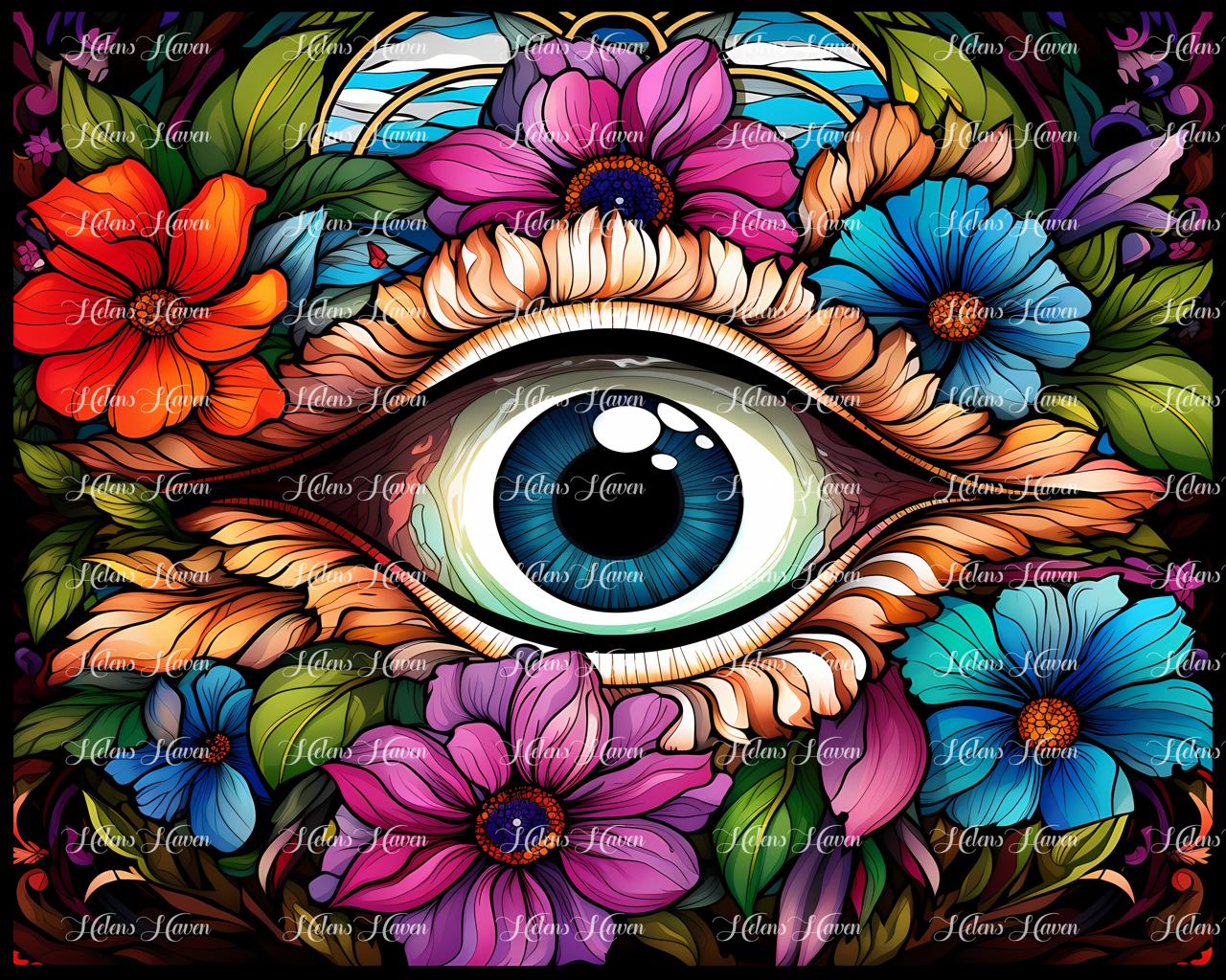 Stained Glass blue eye surrounded by blue, purple and red flowers