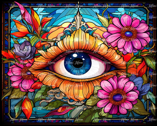 Stained Glass blue eye surrounded by pink flowers