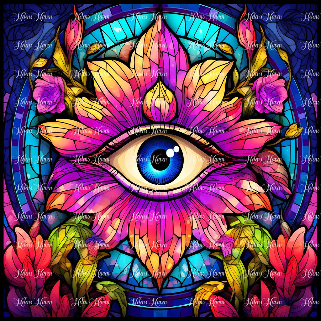 Stained Glass blue eye surrounded by purple flowers