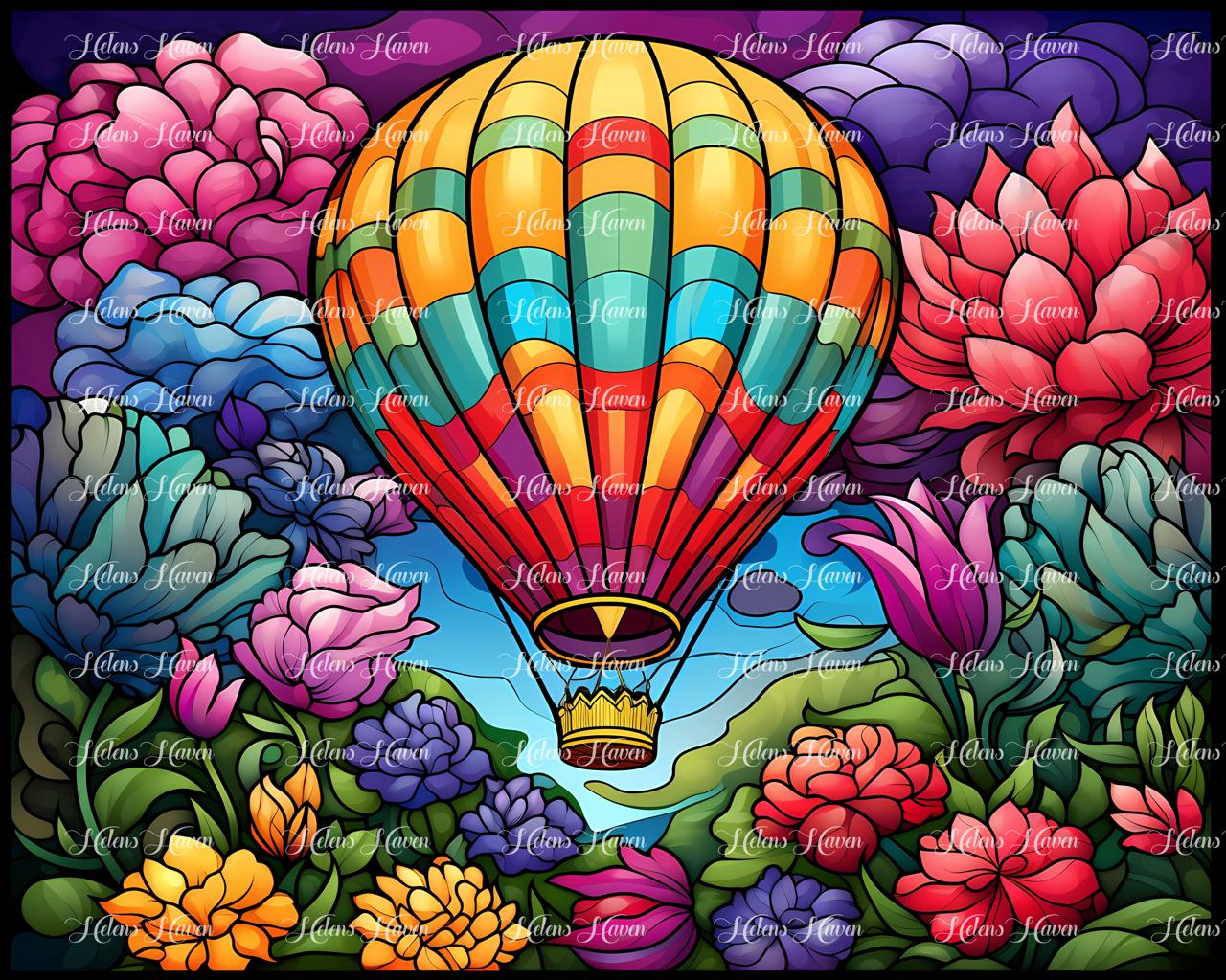 Stained Glass balloon floating surrounded by flowers