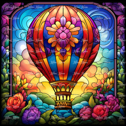 Stained Glass balloon floating in front of a colourful sunset with flowers