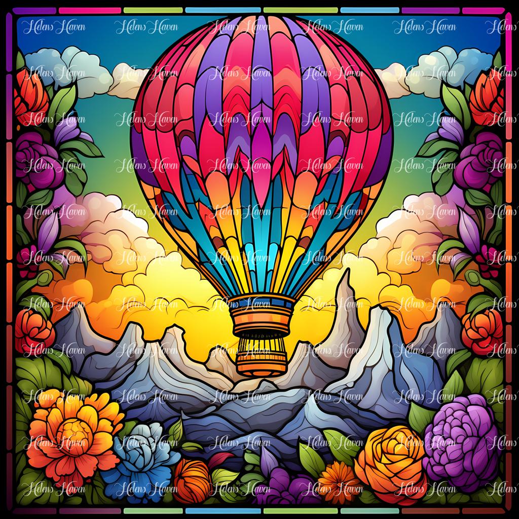 Stained Glass balloon soaring towards a mountainscape with flowers in the foreground