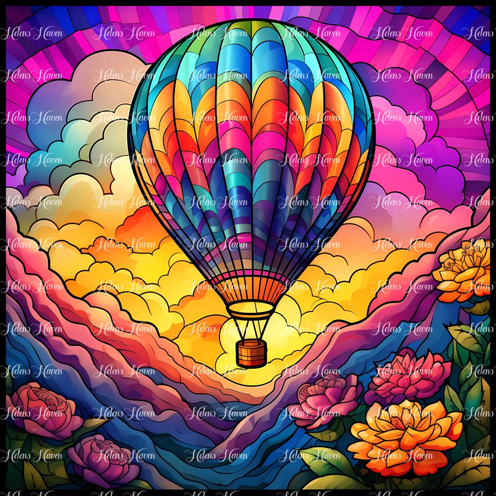 Stained Glass hot air balloon floating towards a golden pink and purple sunset