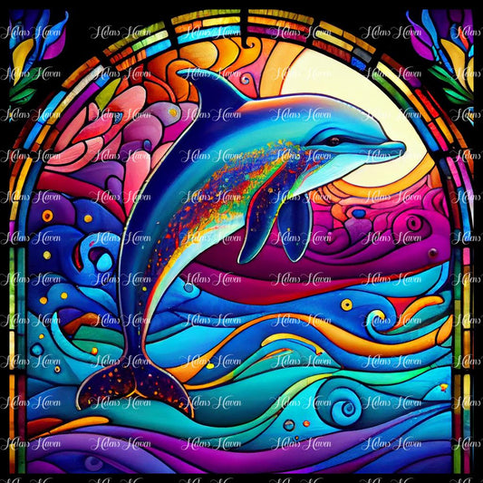 Stained Glass dolphin leaps out of the water into a purple and gold sunset