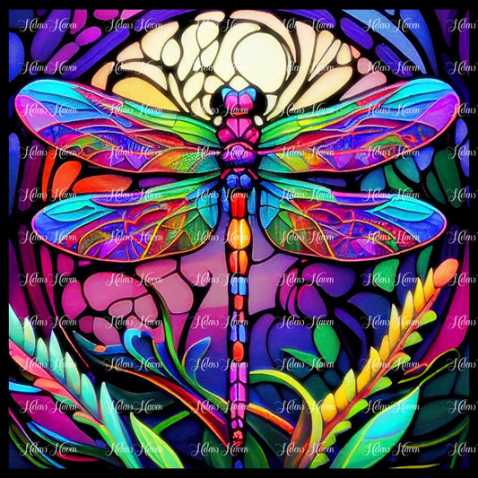 A colourful Stained Glass dragonfly with shades of purple and gold