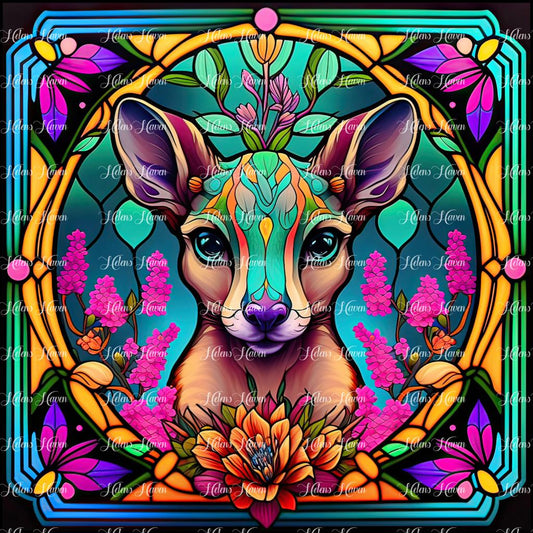 A Stained Glass kangaroo stares confidently at you in an amazing background of teals and blues