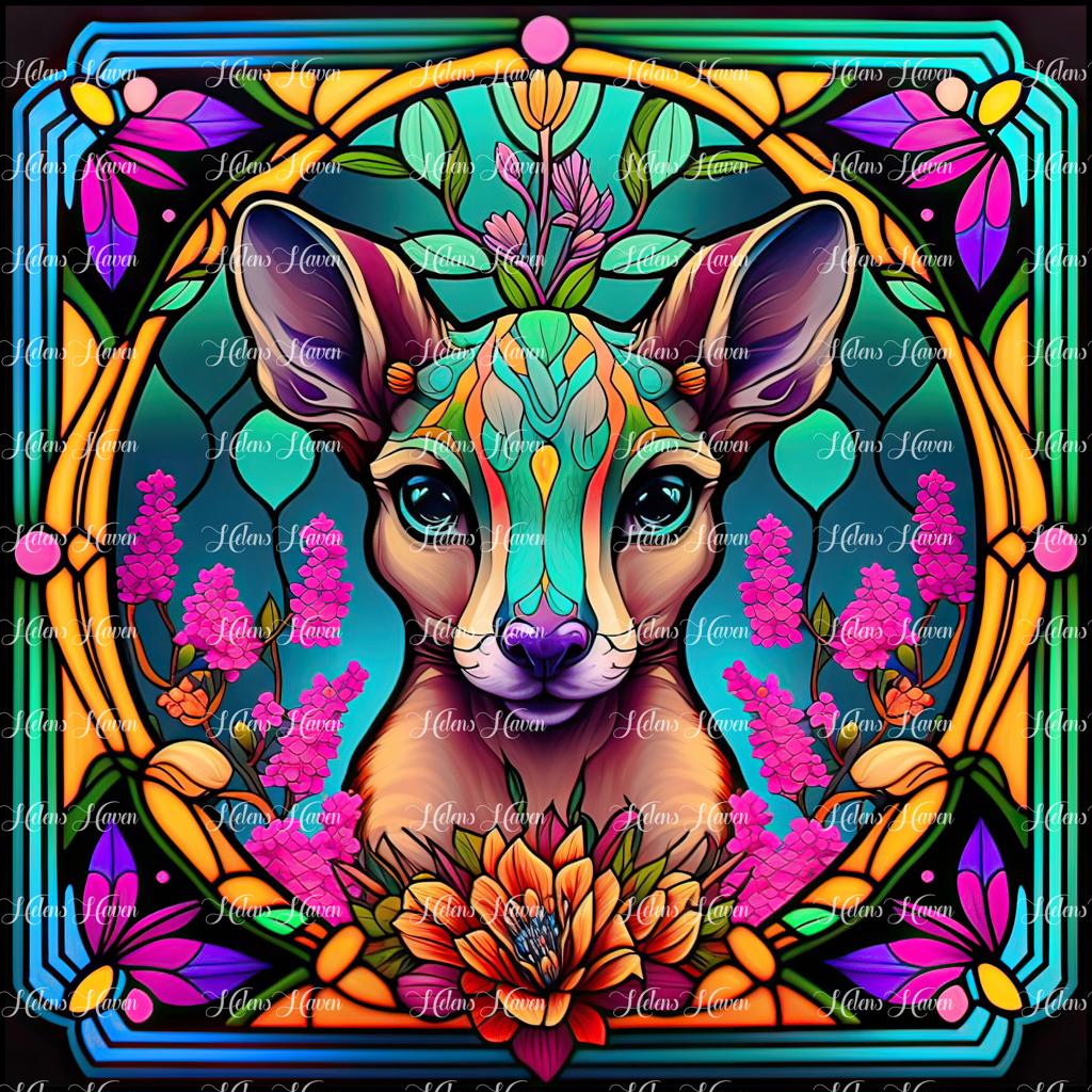 A Stained Glass kangaroo stares confidently at you in an amazing background of teals and blues