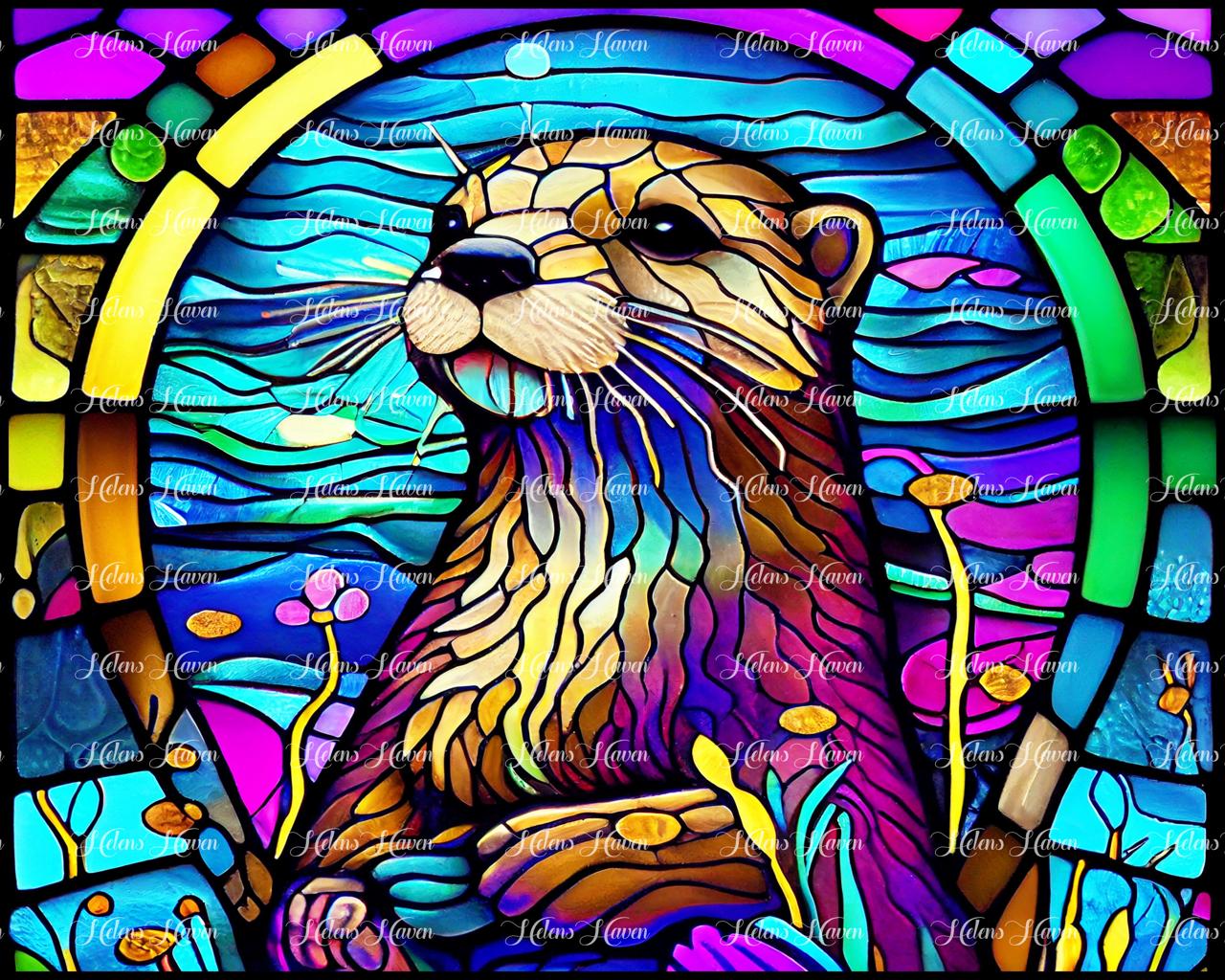 Stained Glass otter standing to attention in a blue purple and teal background