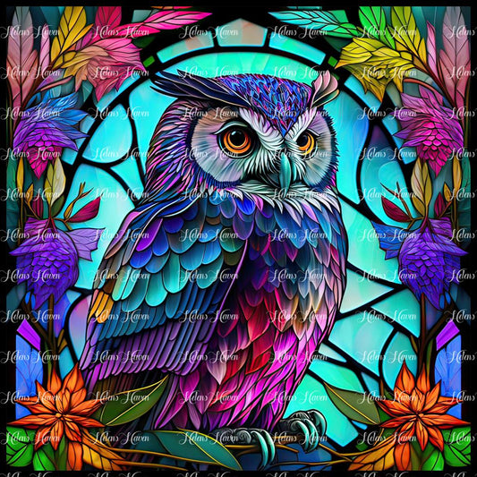 A glorious Stained Glass owl stares serenely into the distance surrounded by autumn toned flowers