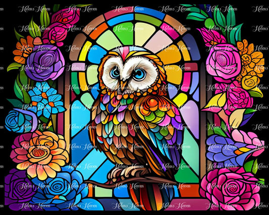 Stained Glass owl in front of a beautiful window with rainbow coloured flowers