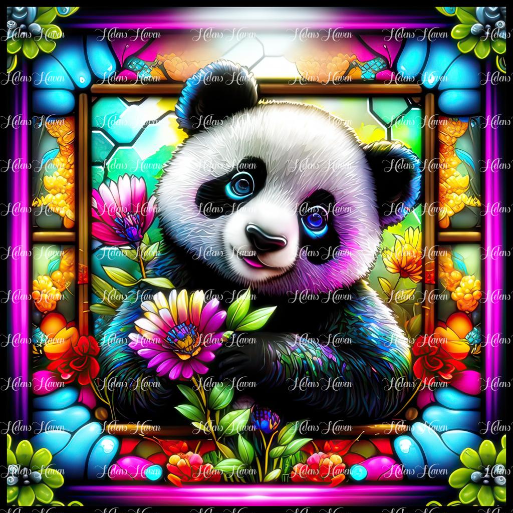 A cute Stained Glass panda with flowers of purple with a myriad of colourful tones reflecting in the black fur