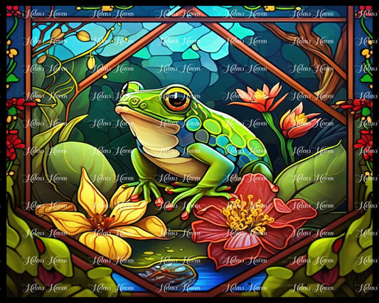 Stained Glass frog gazing stubbornly into the distance while on a lilypad