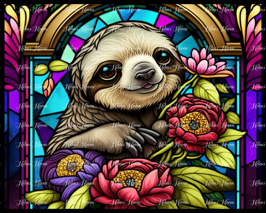 Stained Glass sloth with purple and blue tones in the background surrounded by flowers in red purple and pink tones