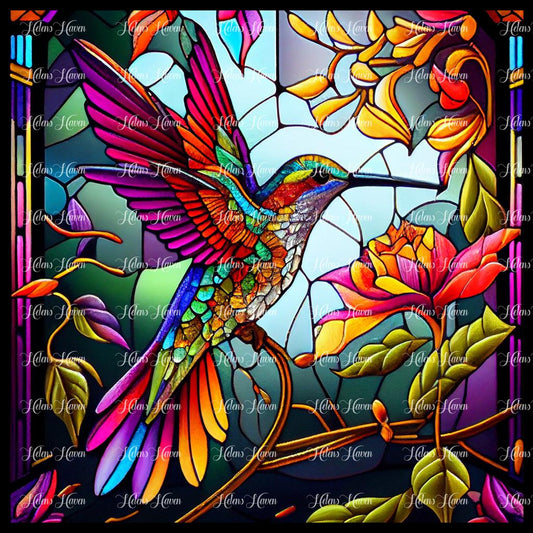 A stunning Stained Glass hummingbird in tones of pink, purple, green, gold and blue approaches a pink and orange flower