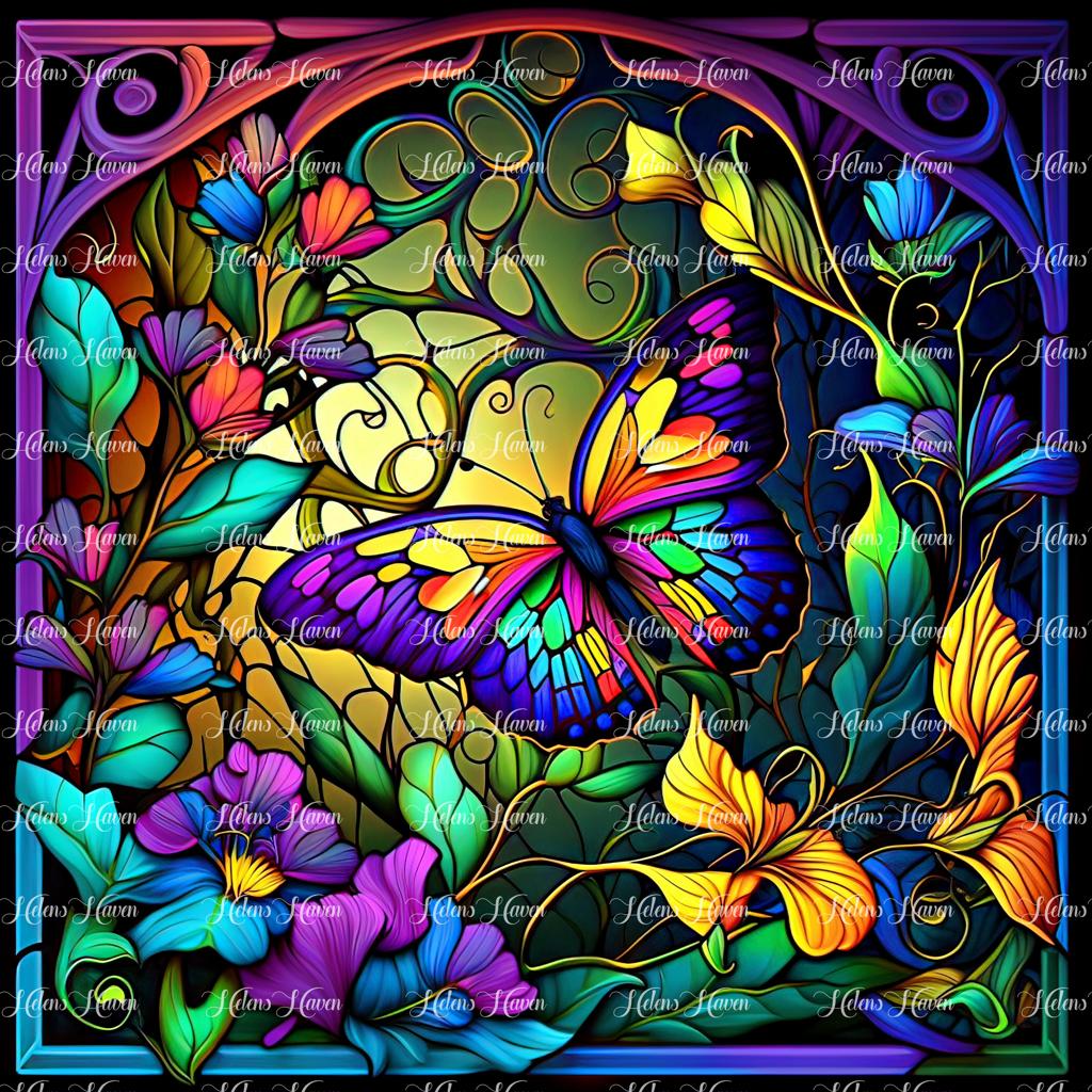 Stained Glass butterfly floating into a golden haze with colourful flowers in the foreground