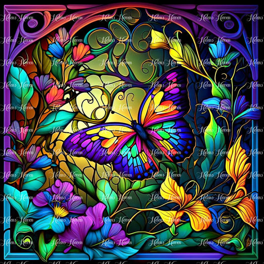 Stained Glass butterfly floating into a golden haze with colourful flowers in the foreground