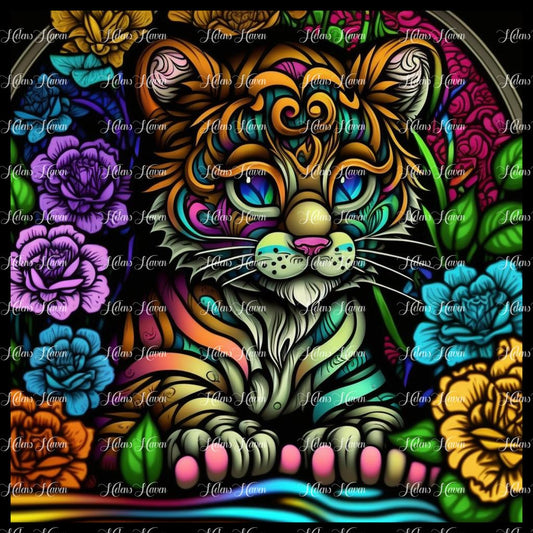 Stained Glass tiger cub with blue eyes surrounded by a sea of flowers in purple, teal, orange and gold