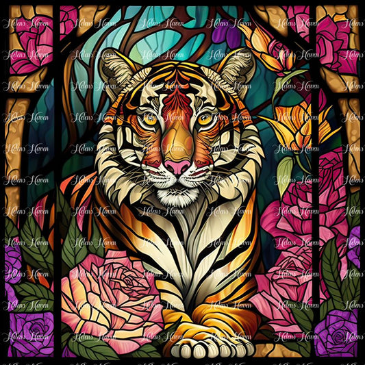 Stained Glass tiger surrounded by massive pink and purple flowers
