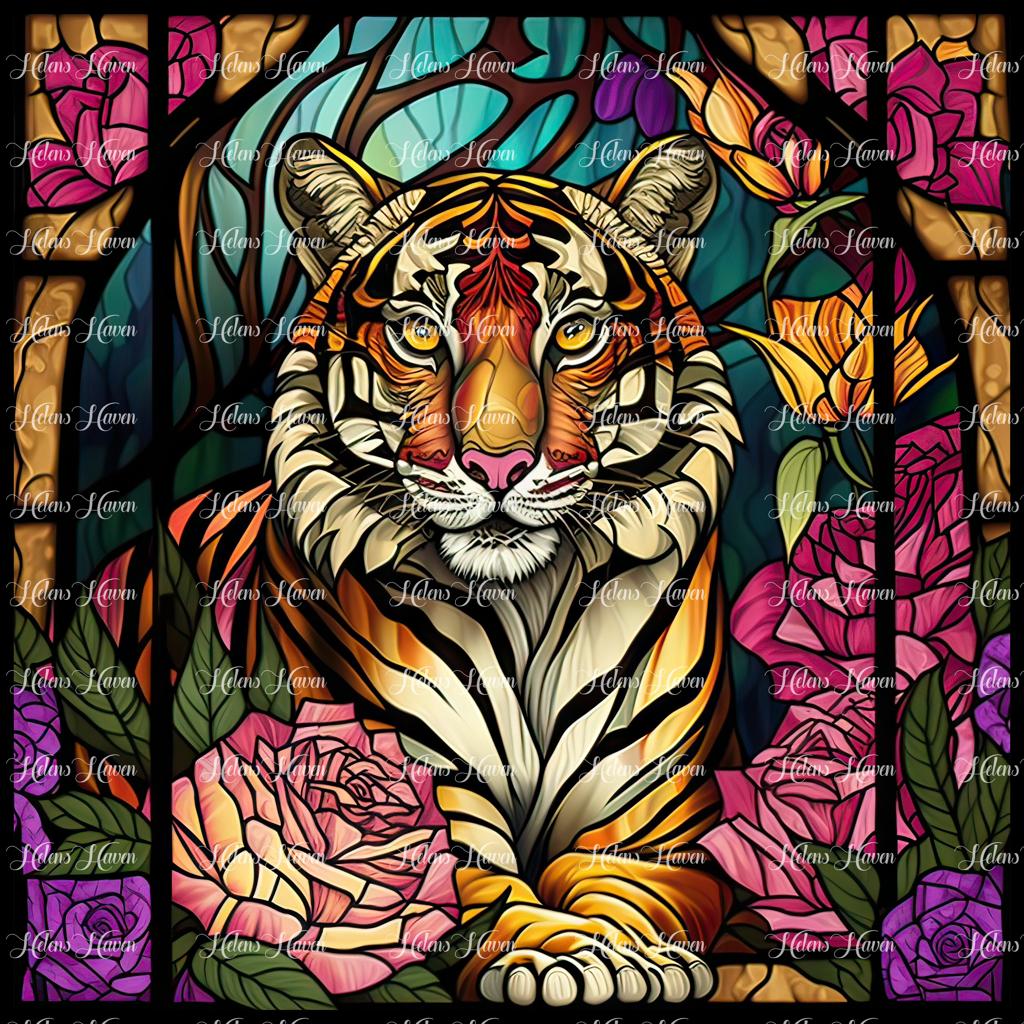 Stained Glass tiger surrounded by massive pink and purple flowers