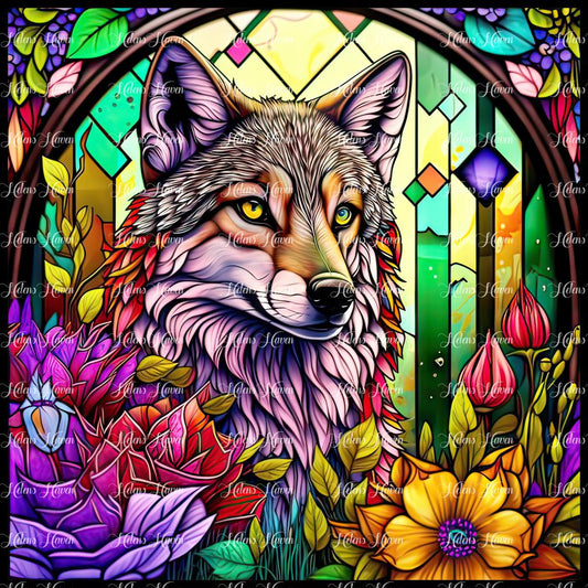 Stained Glass wolf stares into the distance surrounded by flowers in gold, pink and purple tones