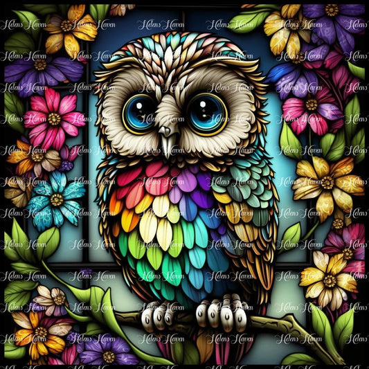 Stained Glass owl with rainbow feathers surrounded by beautiful flowers