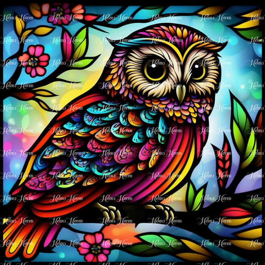 Stained Glass owl with rainbow tones perched on a branch