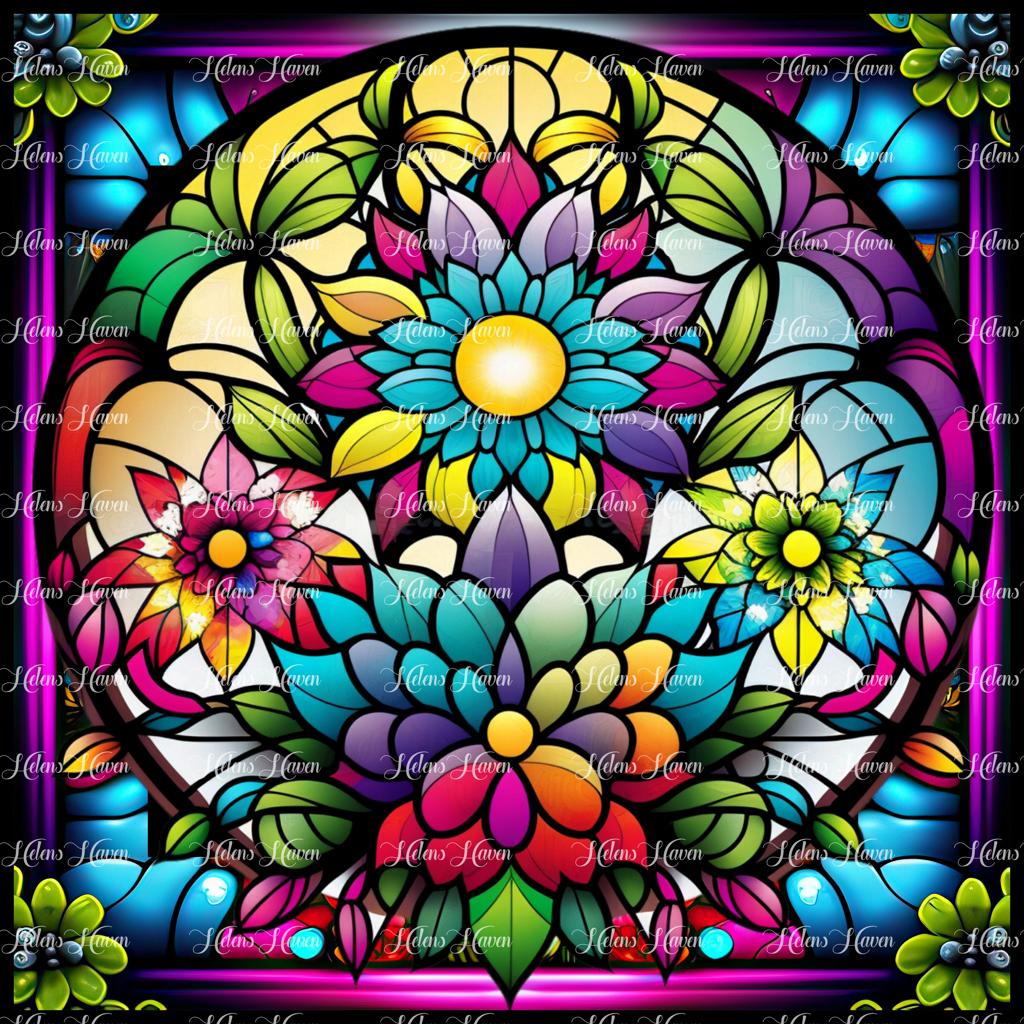 Stained Glass flower design in rainbow tones, a riot of colour in stained glass form