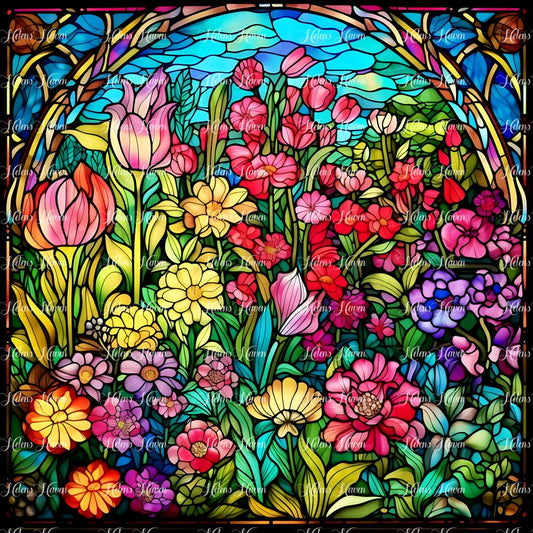 Stained Glass field of flowers in yellow, orange, red, purple and pink tones against a blue background