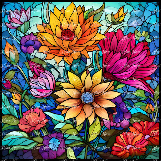 Stunning Stained Glass flowers in tones of red, orange, gold, pink and purple among a beautiful blue and teal background