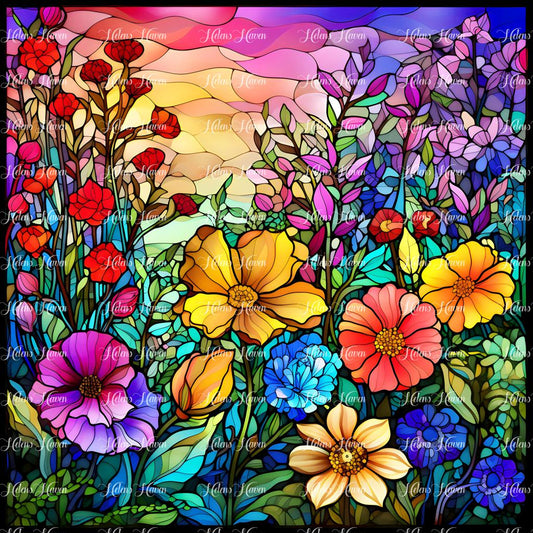 A beautiful field of flowers in front of a pink, purple and gold sunset rendered in Stained Glass 