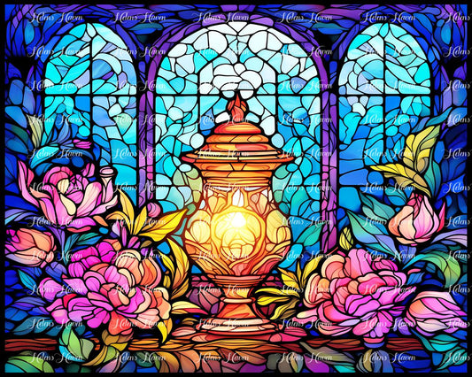 Three Stained Glass windows open onto a scene of flowers and a lantern also rendered in stained glass form