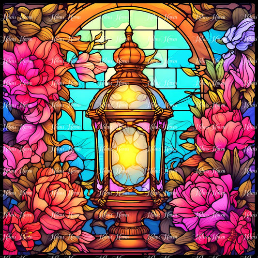 A golden Stained Glass arch with flowers of pink with a lovely lantern glowing in the middle
