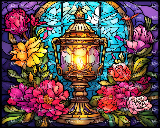 A trophy lantern of Stained Glass surrounded by beautiful flowers