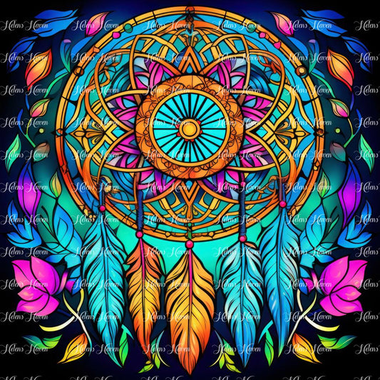 A golden dreamcatcher in Stained Glass form with teal and gold flowers