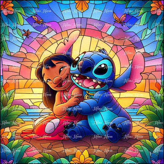 Stained Glass girl with her character friend on a beach 