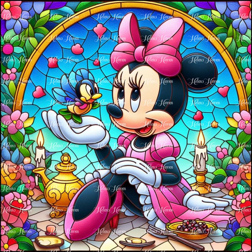 A mouse talks to her bird friend in Stained Glass with flowers and candles