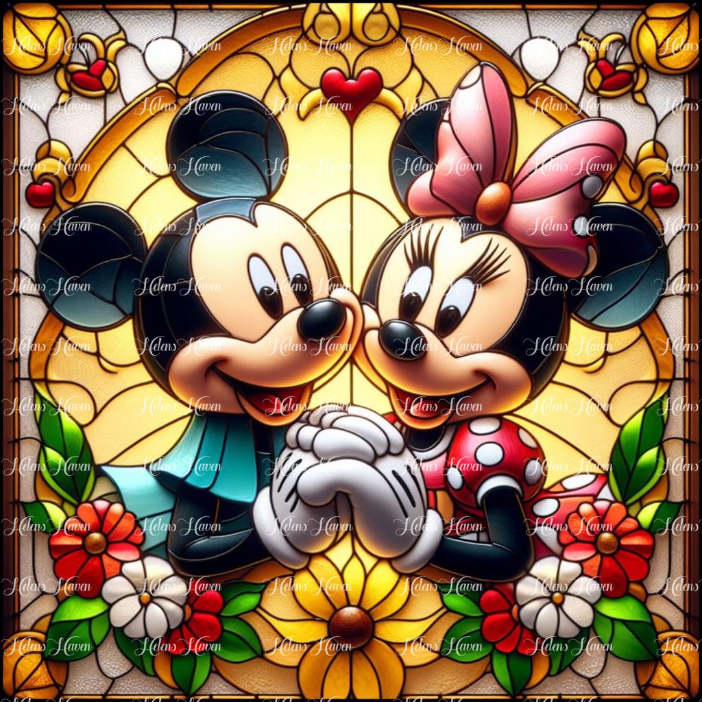 Mr and Mrs Mouse in a golden background with red and white flowers rendered in Stained Glass 