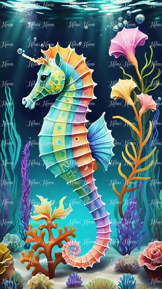 Seahorse underwater with pretty coral