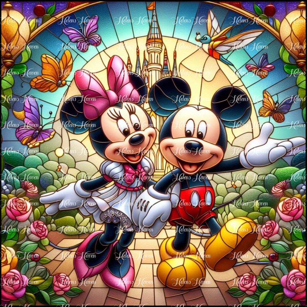 Stained Glass Mr and Mrs Mouse walk towards us with a flower and castle background and butterflies.