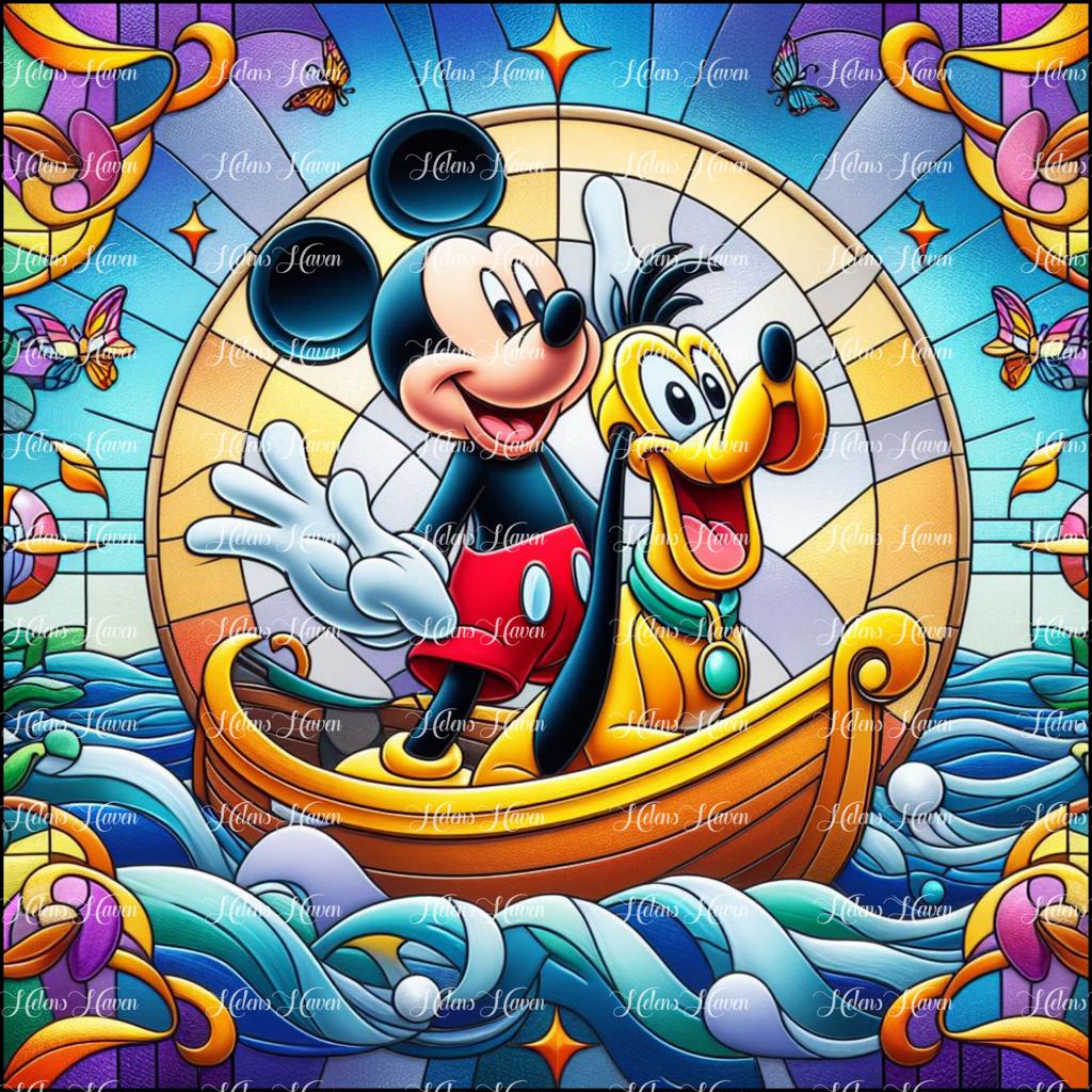 A mouse and his dog explore a blue sea in their golden boat in Stained Glass form
