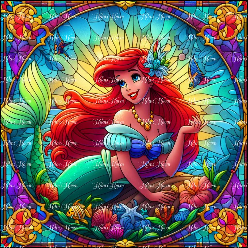 Stained Glass rendering of a beautiful red haired mermaid in colourful tones