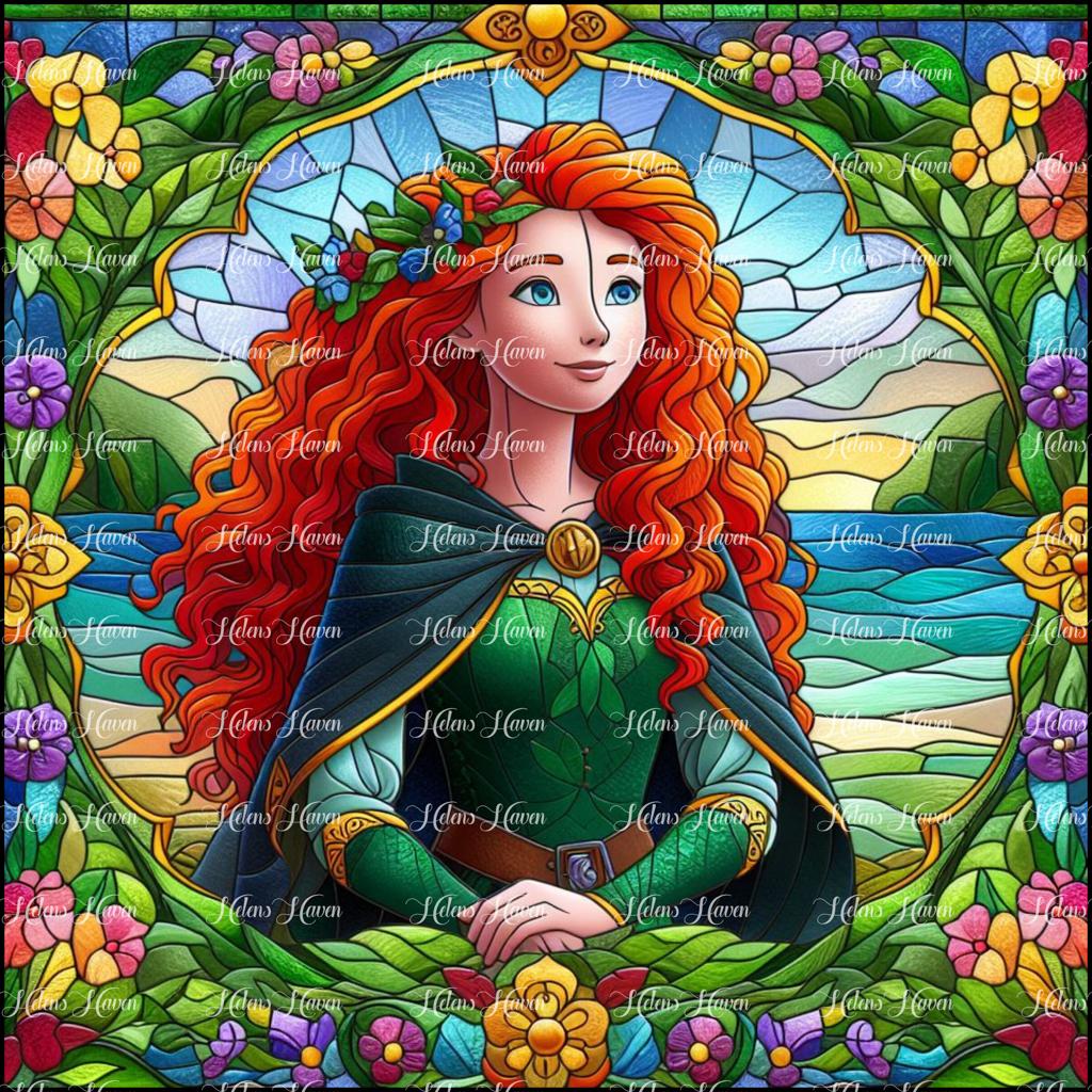 A red haired Scottish princess in tones of green with a loch behind her surrounded by flowers rendered in Stained Glass 