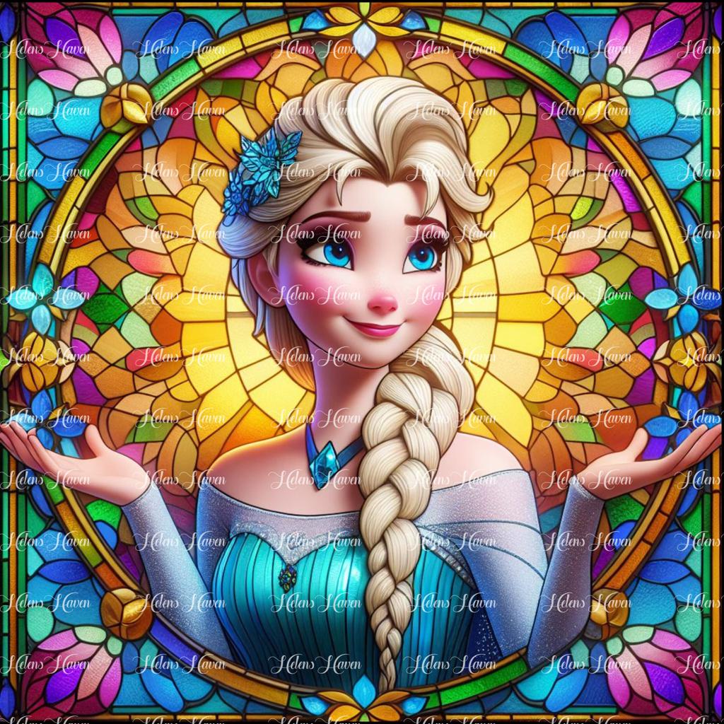 Stained Glass depiction of a frosty ice princess in a beautiful dress with a golden background and flowers