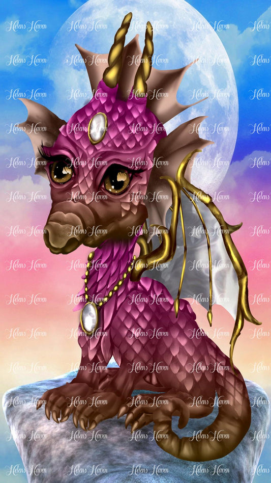 A bejewelled pink dragon perched on a rock with the moon and a sunset behind it