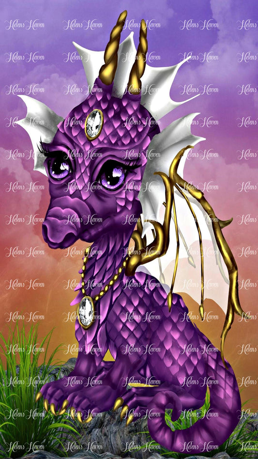 A bejewelled purple dragon with a sunset sky behind it perched on a rock